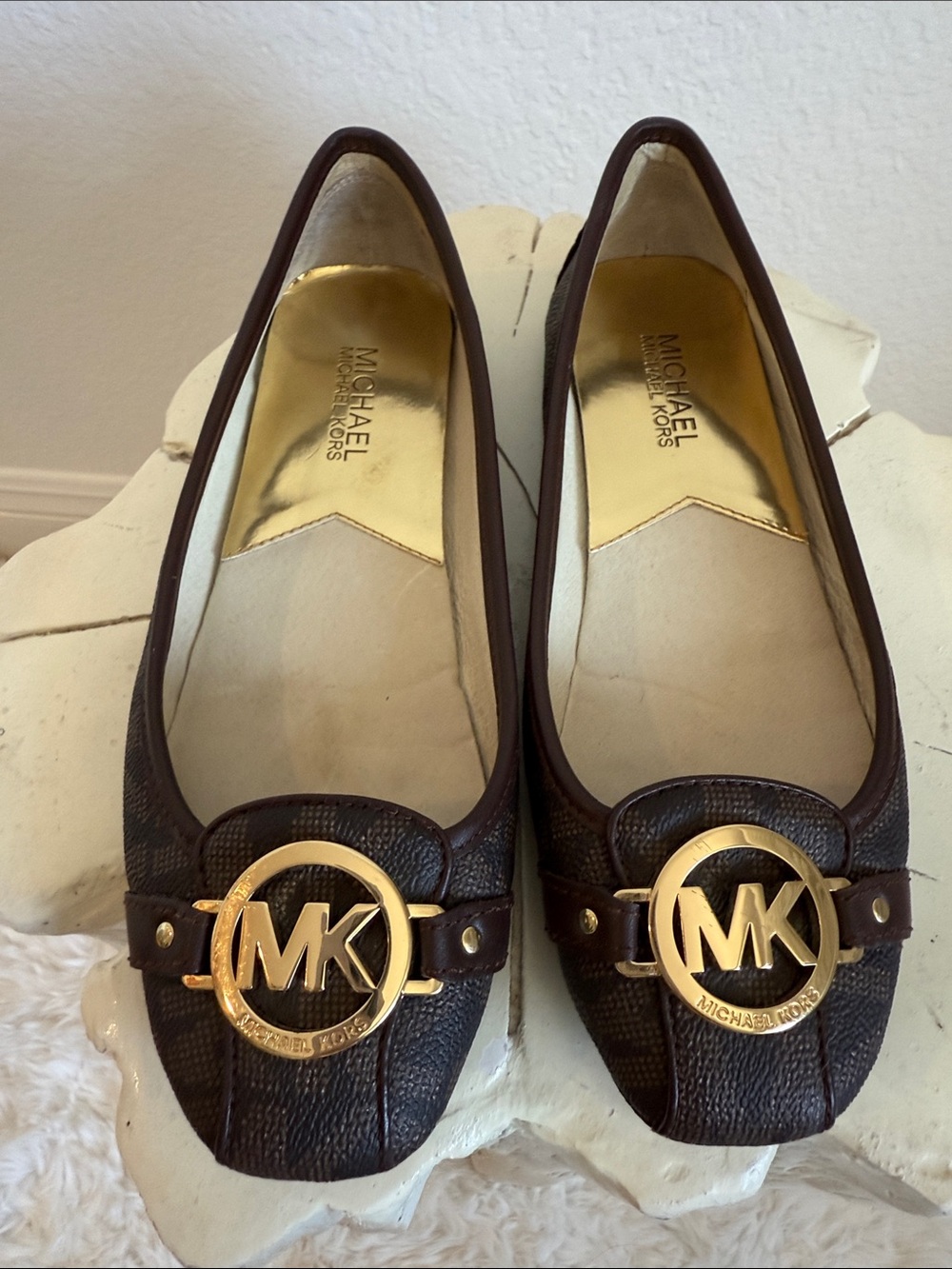 Michael Kors Dark Brown Leather MK Logo Ballet Flats with Gold Hardware